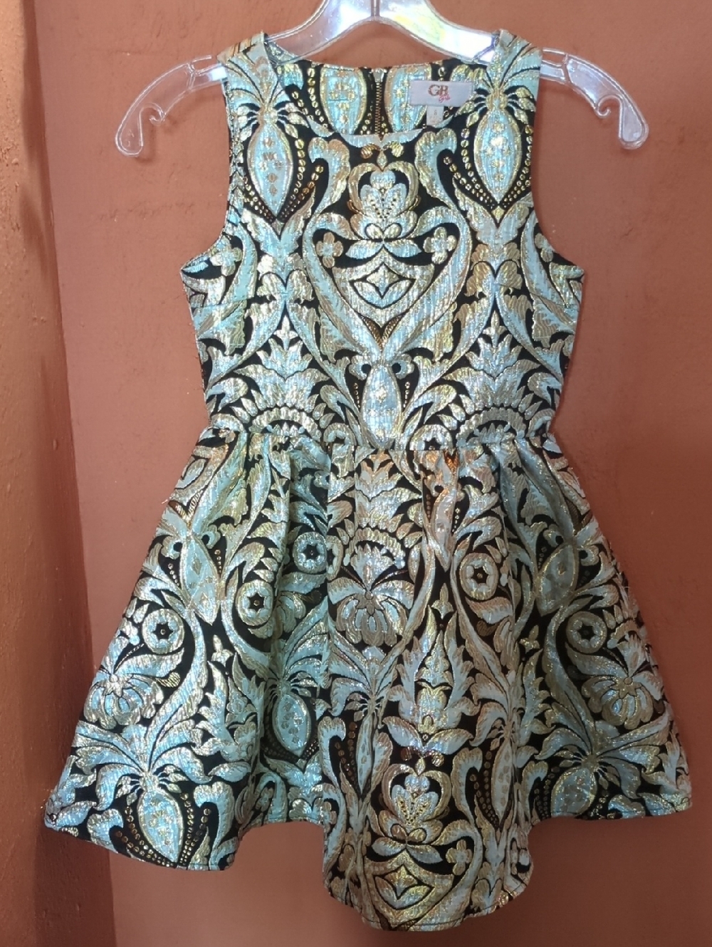GB girls Metallic Aqua and Black Brocade Party Dress